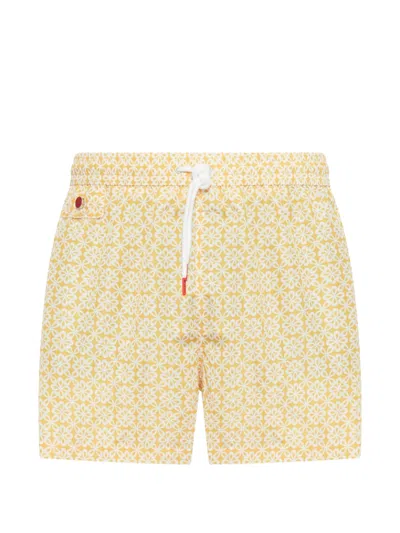 Kiton Swimsuit In Technical Fabric With All-over Floral Pattern In Neutral