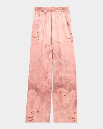 Kiton Floral Silk Straight-leg Pull-on Pants In Pink