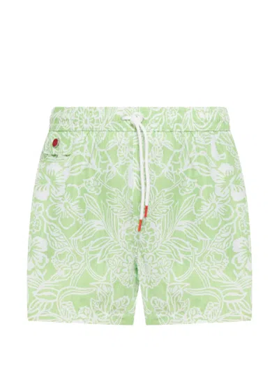 Kiton Swimsuit In Technical Fabric With All-over Floral Pattern In Green