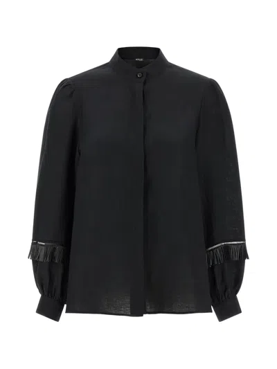 Kiton Fringed Linen Shirt With Mandarin Collar And Puff Sleeves In Black