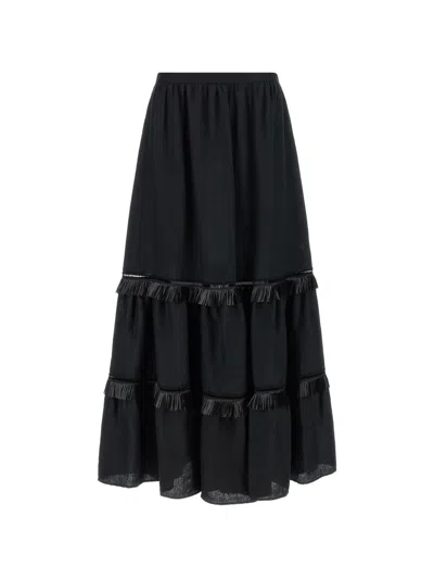 Kiton Linen With Fringed Inserts Skirt In Black