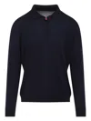 Kiton Wool Long Sleeve Polo With Ribbed Cuffs And Hem In Blue
