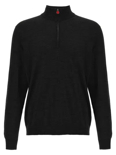 Kiton Wool Long Sleeve Polo With Ribbed Cuffs And Hem In Black