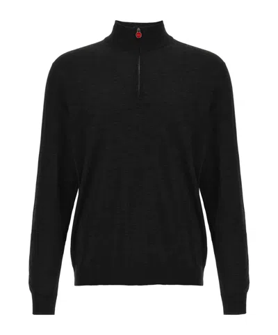 Kiton Wool Long Sleeve Polo With Ribbed Cuffs And Hem In Black