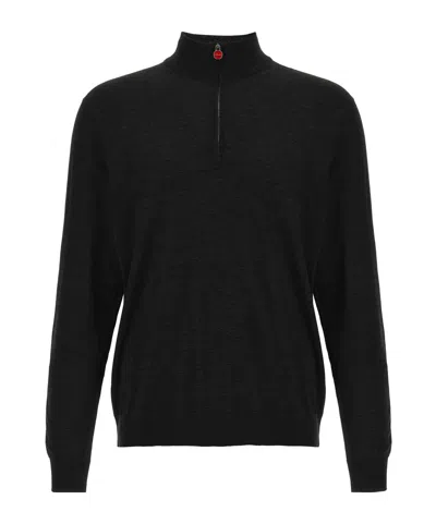 Kiton Wool Long Sleeve Polo With Ribbed Cuffs And Hem In Black