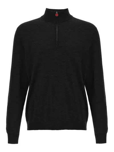 Kiton Wool Long Sleeve Polo With Ribbed Cuffs And Hem In Black