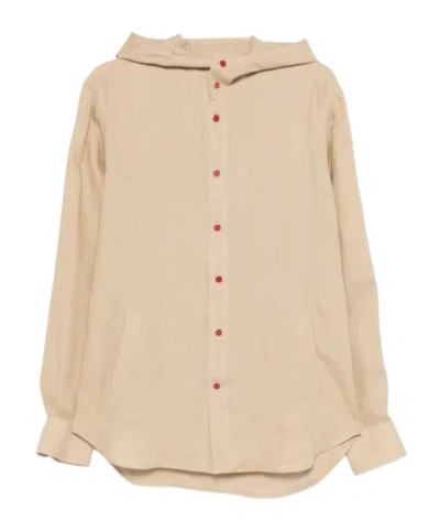 Kiton Mariano Hooded Shirt Curved Hem Pockets In Neutral