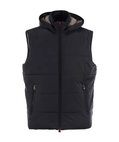 Kiton Hooded Padded Vest With Side Zip Pockets In Blue