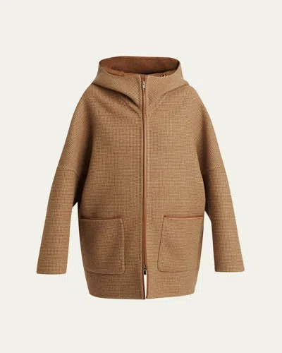 Kiton Houndstooth Wool-cashmere Hooded Overcoat In Camel
