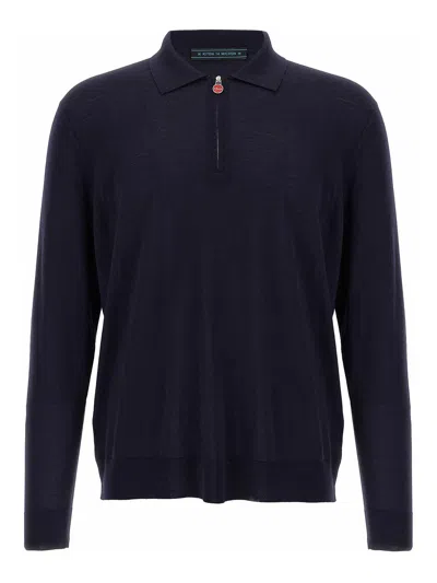 Kiton Wool Knit Polo Shirt With Classic Collar And Half-zip Closure In Blue