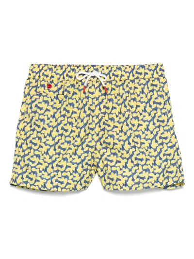 Kiton Leaf-print Swim Shorts In 黄色