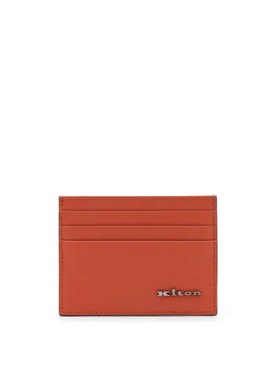 Kiton Leather Card Holder With Metal Logo In Orange