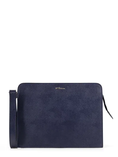 Kiton Leather Clutch In Blue