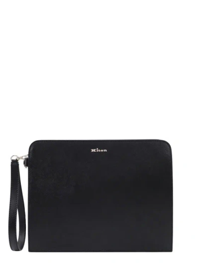 Kiton Leather Clutch With Metal Logo In Black