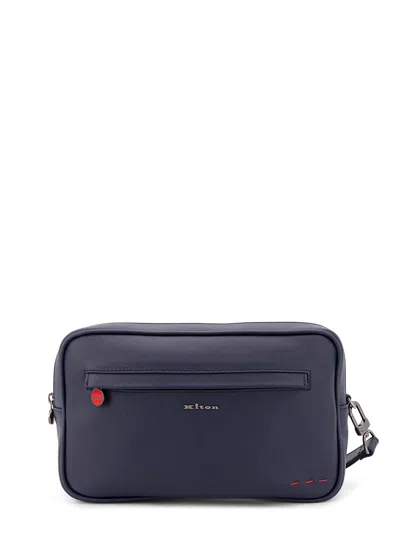 Kiton Leather Clutch With Metal Logo In Blue