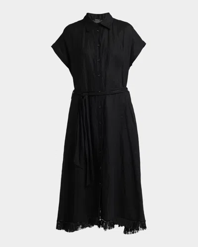 Kiton Linen Belted Midi Shirtdress In Black