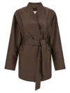 Kiton Linen Blend Wrap Blazer In Brown