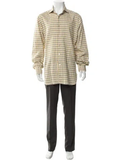 Pre-owned Kiton Linen Plaid Print Dress Shirt In Yellow