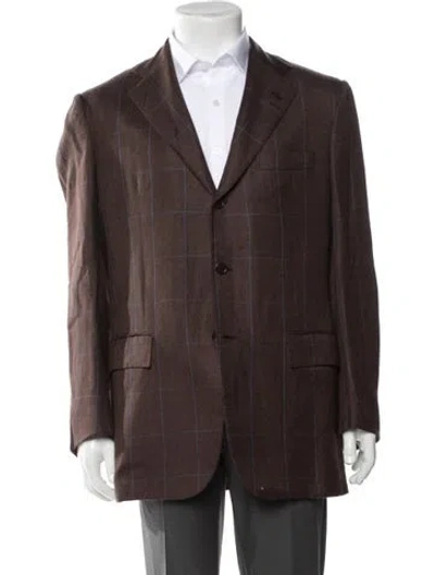 Pre-owned Kiton Linen Plaid Print Jacket In Brown
