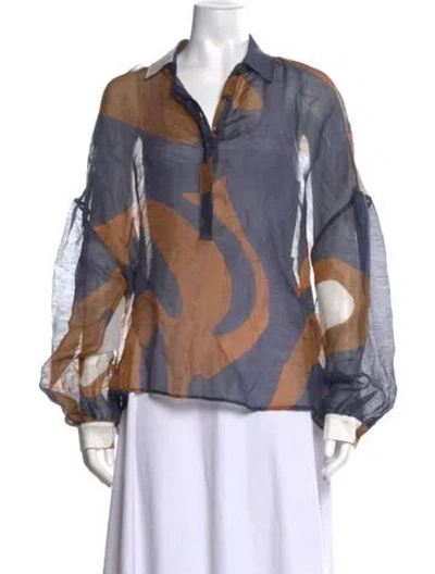 Pre-owned Kiton Linen Printed Blouse In Blue/brown