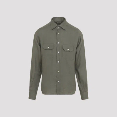 Kiton Linen Shirt Long Sleeves Pointed Collar In Gray