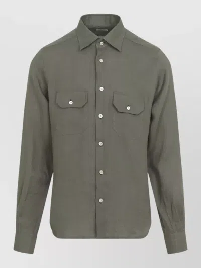 Kiton Linen Shirt Long Sleeves Pointed Collar In Gray