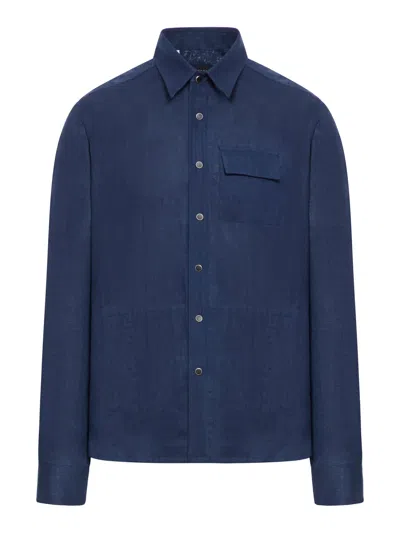 Kiton Linen Shirt With Pocket In Blue