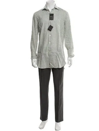 Pre-owned Kiton Linen Striped Dress Shirt W/ Tags In Green