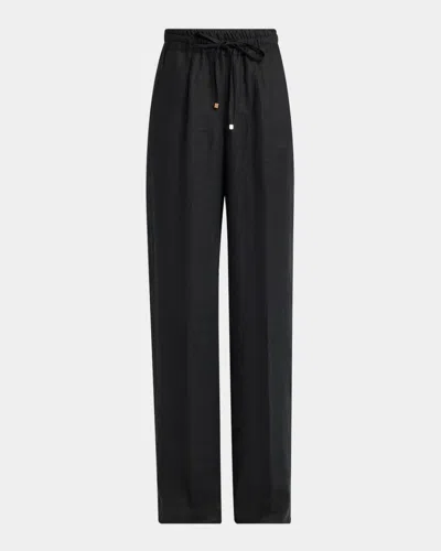 Kiton Linen Wide-leg Drawstring Pants In Blk