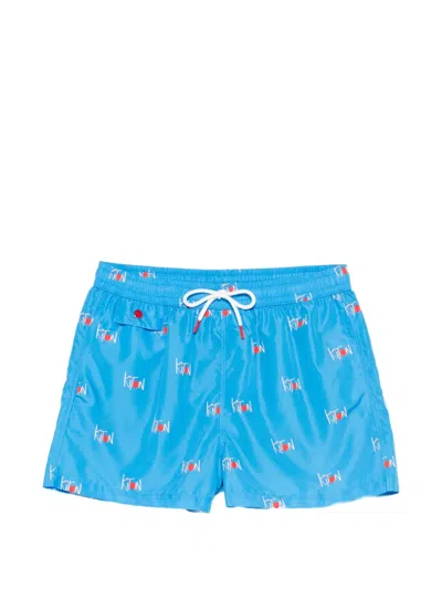 Kiton Logo Print Swim Shorts Elastic Waistband In Blue