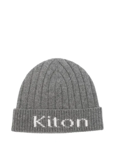 Kiton Logo-intarsia Ribbed-knit Beanie Hat In Gray