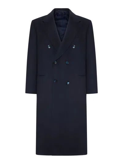 Kiton Long Double-breasted Cashmere Coat In Blue