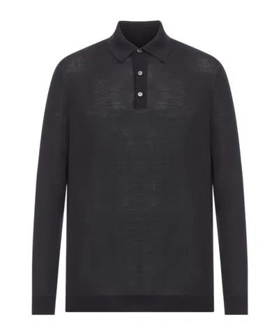 Kiton Long-sleeved Knitted Polo Shirt In Gray