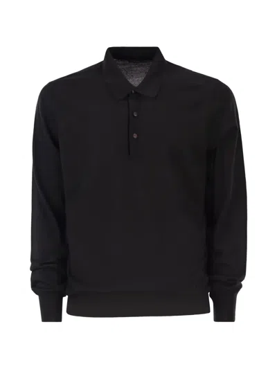 Kiton Long-sleeved Wool Polo Shirt In Black
