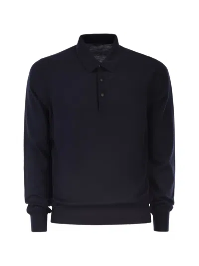Kiton Long-sleeved Wool Polo Shirt In Blue
