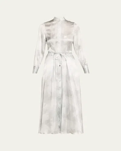 Kiton Long Sleeve Printed Drawstring Silk Dress In Lt Blu Mult