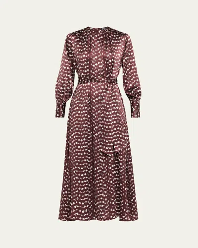 Kiton Long-sleeve Abstract-print Silk Belted Maxi Dress In Burgundy