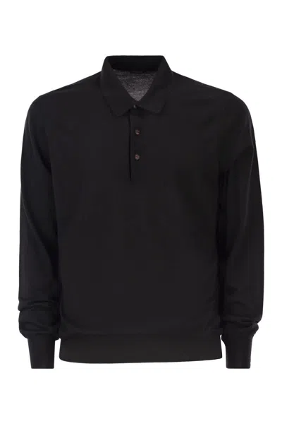 Kiton Long-sleeved Wool Polo Shirt In Black