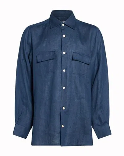 Kiton Man Shirt Midnight Blue Size 4xl Linen