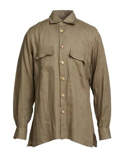 Kiton Man Shirt Military Green Size M Linen