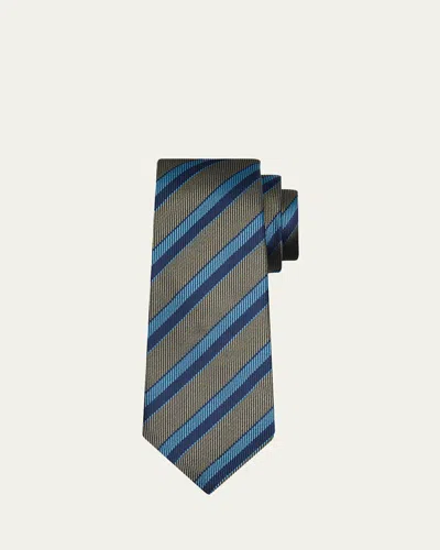 Kiton Men's 7-fold Gray & Navy Stripe Silk Tie