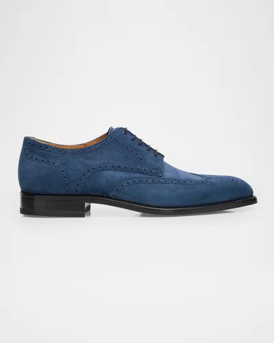 Kiton Men & Apos;s Calfskin Suede Wingtip Brogue Derby Shoes In Blue