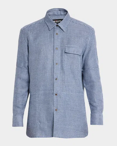 Kiton Men & Apos;s Houndstooth Linen Blend Button-down Shirt In Blue
