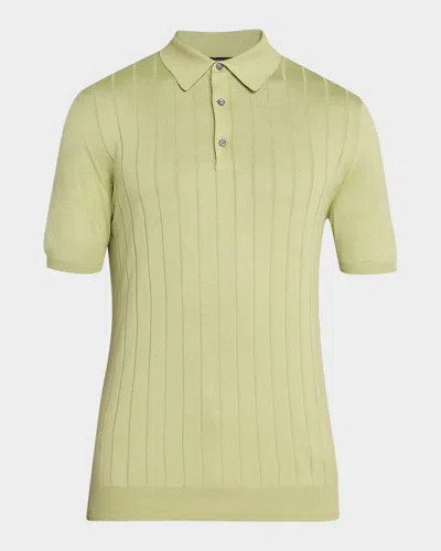 Kiton Men's Wide Rib Sea Island Cotton Polo Sweater In Green