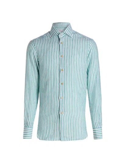 Kiton Men's Bengal Striped Linen Button-front Shirt In Green