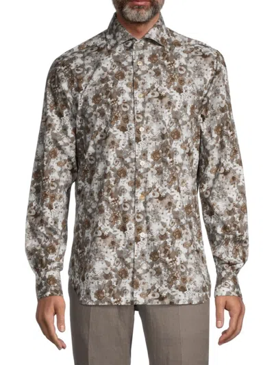 Kiton Men's Blotted Floral Sport Shirt In Grey