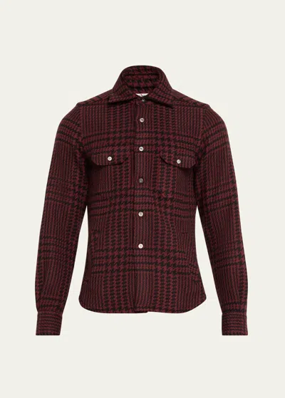 Kiton Men's Bordeaux Cashmere Plaid Shirt Jacket In Dk Red