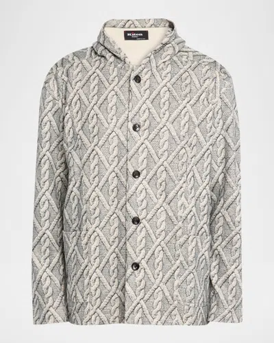 Kiton Men's Cable Knit-print Hooded Sweater In Gray