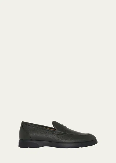 Kiton Men's Calf Leather Vibram-sole Penny Loafers In Dark Green