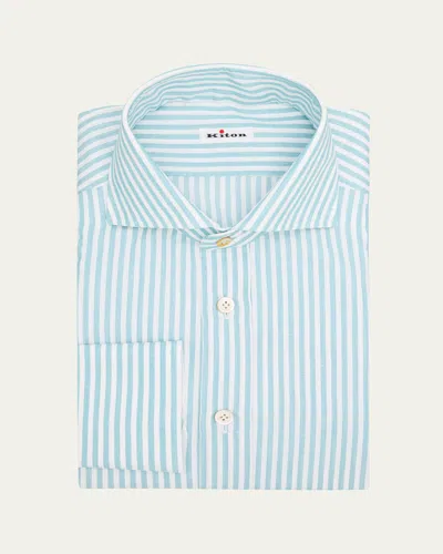 Kiton Men's Candy Stripe Cotton And Linen Dress Shirt In Green